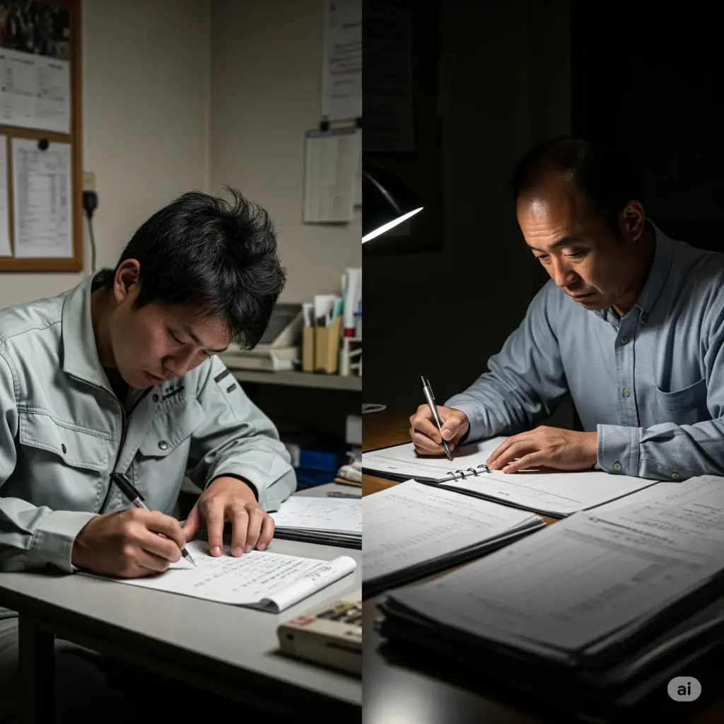 山積みの書類やノートを前に、頭を抱える人物のイメージ画像