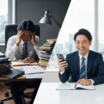 書類に悩む社長と書類から解放された社長